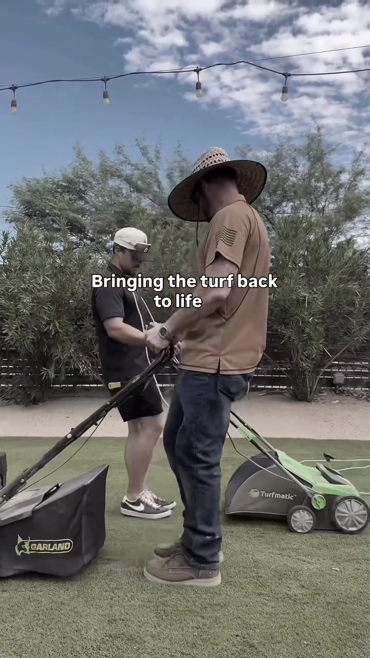 Turf Tune Up crew grooming commercial artificial turf in Phoenix, AZ